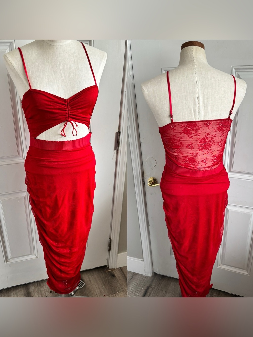 For Love & Lemons Poison Ruched cutout bodycon lace Dress in Red size Medium